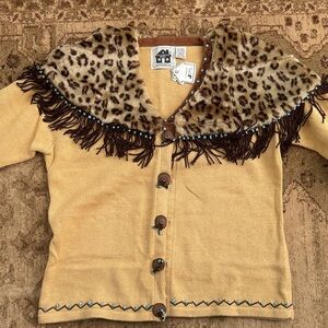 Storybook Knits Tan Sweater with Leopard Collar and Fringe